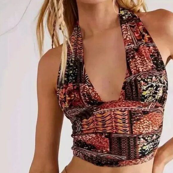 NWT Free People Heather Halter Cropped Viscose M Boho Summer Retro Chic - Picture 4 of 6